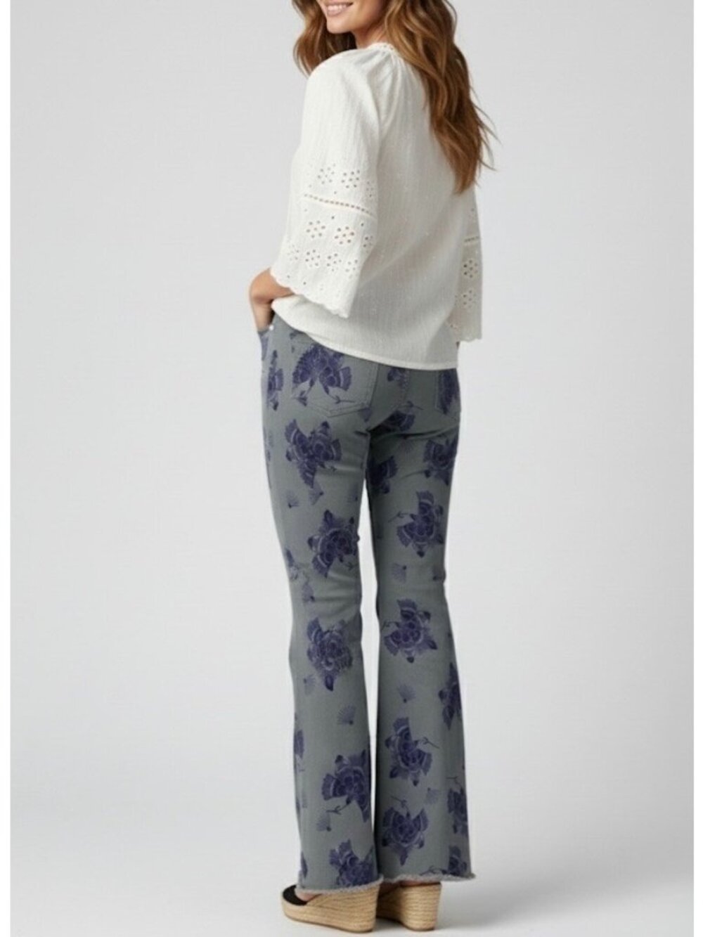 NWOT Free People Gray Mid-Rise Floral Super Flare Bell Bottom Jeans 32| 70s Boho - Picture 9 of 16